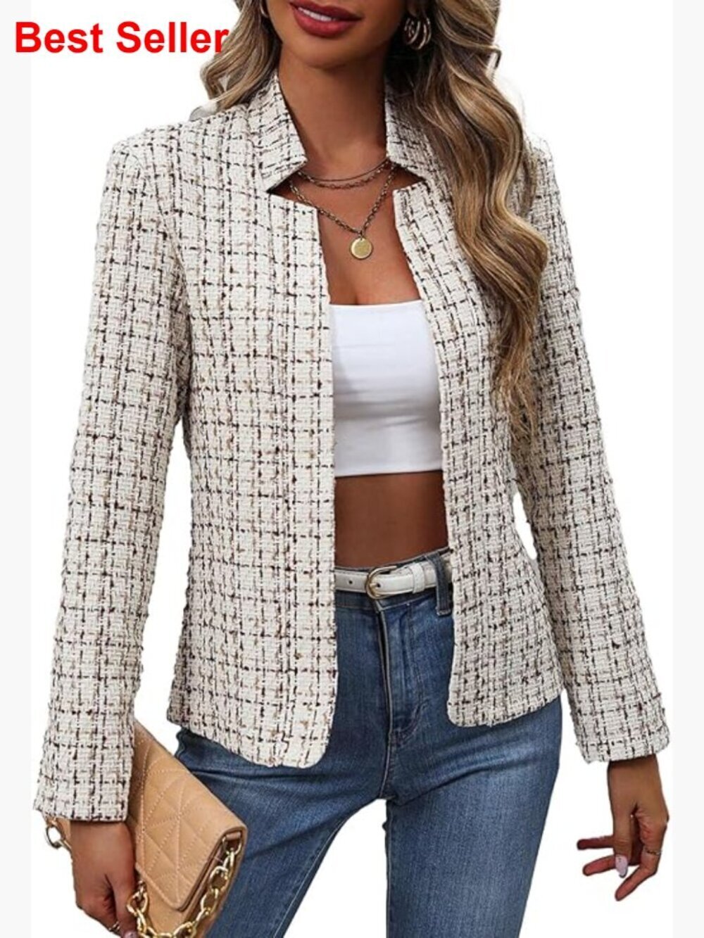 Open Front Tweed Blazer - Lightweight Plaid Stand Collar Lined Casual Work